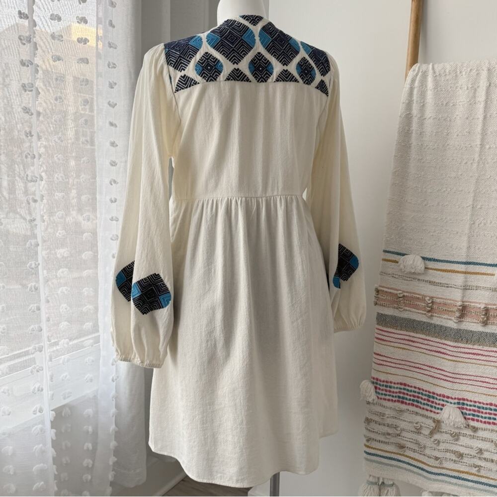 Figue Lucie White Blue Embroidered Pom Pom Long Balloon Sleeves Boho Mini Dress - Picture 7 of 13